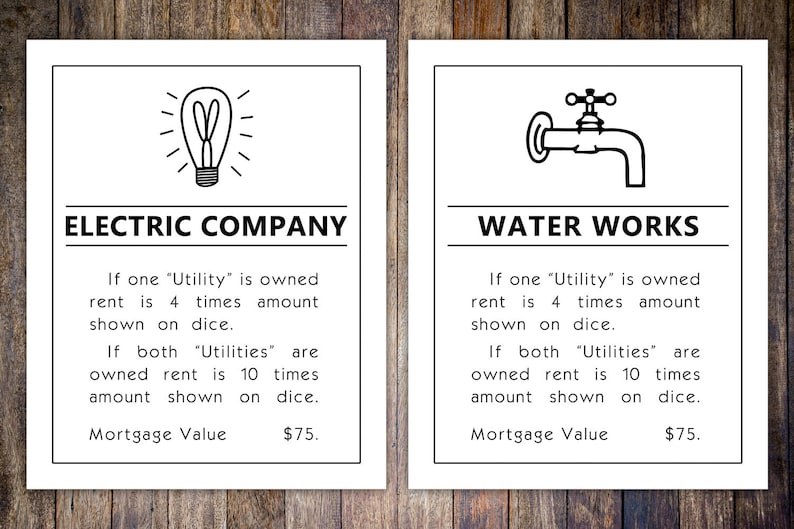 Monopoly Utilities Residence Card, 8x10 Artwork Print // Drinking water Electric powered Art // Video game place wall artwork // Family members board match print image regarding Monopoly Property Cards Printable named Monopoly Utilities Home Card, 8x10 Artwork Print // H2o Electrical Art // Match space wall artwork // Relatives board sport print