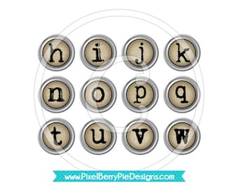 May include: A set of 12 vintage typewriter keys with letters h, i, j, k, n, o, p, q, t, u, v, and w printed in black on a beige background. The keys are silver with a slightly worn look.