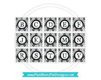 Printable Victorian Damask Typewriter Keys - Scrabble Tile Size Digital Collage Sheet - White & Black Inchies (Instant Download) JPG/PDF