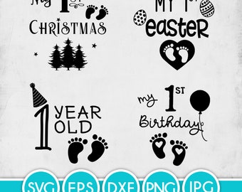 One Year Old &quot;First Holidays&quot; Baby Feet / Footprints (Vector Svg, Eps, Dxf, Png, Jpg file formats) Instant Digital Download