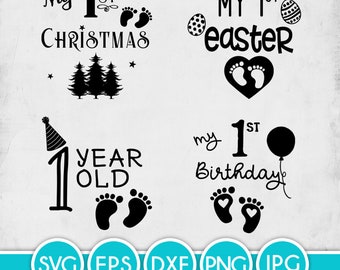 One Year Old "First Holidays" Baby Feet / Footprints (Vector Svg, Eps, Dxf, Png, Jpg file formats) Instant Digital Download