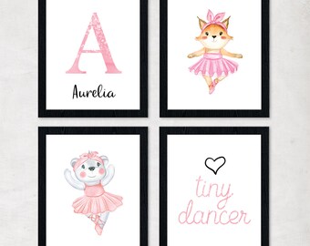 Set of Ballerina Animal & Custom Monogram Prints // 8x10 Art Print // Personalized Nursery Decor, Gifts for Girls // UNFRAMED Wall Art