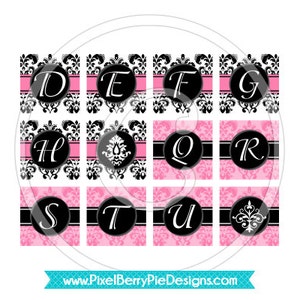 Pink Black Damask (1 inch Printable Squares) Chic Alphabet Digital Collage Sheet Inchies (CU Instant Download) SALE