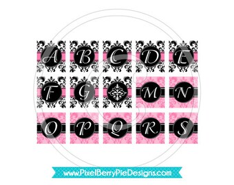 Chic Pink / Black Damask (Printable Scrabble Size Tiles) Spring, Wedding, Vintage Monogram Alphabet Digital Collage Sheet (Instant Download)