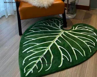 Fluffy Living Room Rug,Green Monstera Leaf Rug,Handmade Tropical Leaf Rug Wall Decor Set,Hand-Tufted Home Decor,Botanical Plant Lover Gift