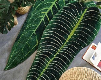 White Monstera Carpet,Hand Tufted Area Rug,Green Plant Bedside Carpet, Green Leaves Living Room Rug, Green Monstera Moss Rug, Non Slip Rug