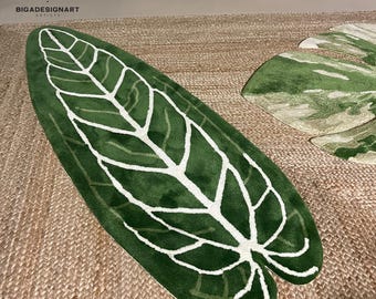 Green Monstera Leaf Rug,Handmade Tropical Leaf Rug Wall Decor Set,Hand-Tufted Home Decor,Fluffy Living Room Rug,Botanical Plant Lover Gift