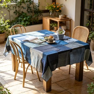 Peut inclure: Une table à manger carrée recouverte d'une nappe en patchwork composée de carrés de tissu dans diverses nuances de bleu et de gris. La table est entourée de quatre chaises en bois à dossier en cannage et porte un livre ouvert, une assiette et un vase.