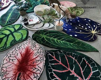 Green Monstera Moss Rug,White Monstera Carpet,Green Leaves Living Room Rug,Hand Tufted Area Rug,Green Plant Bedside Carpet,Non Slip Rug