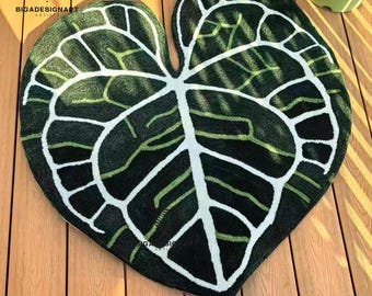 Handmade Tropical Leaf Rug Wall Decor Set,Botanical Plant Lover Gift,Green Monstera Leaf Rug,Hand-Tufted Home Decor, Fluffy Living Room Rug