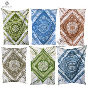May include: Six tie-dye tapestries in various colors, including green, blue, and brown. Each tapestry features a diamond-shaped design with a central floral motif. The tapestries are displayed against a white background, showcasing the intricate patterns and vibrant colors.