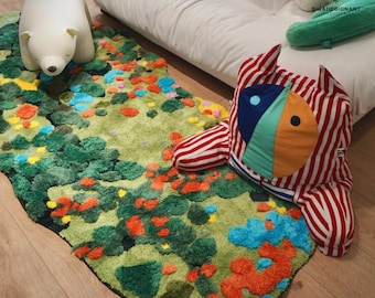 Green Moss Latch Hook Rugs, Beside Rugs, Moss Forest Rugs,Carpet Custom Moss Meadows Forest Rugs,Home Decor Rug,For Bedroom Aesthetic