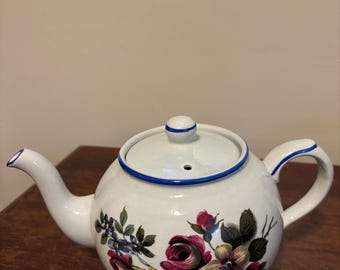 Vintage Engelse Arthur Wood-theepot roze rozen, wilde bloemen en blauwe rand