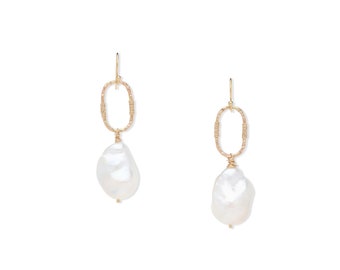 White Baroque Pearl Golden Drop Earrings