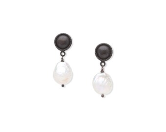 Blackened Silver and Baroque Pearl Earrings