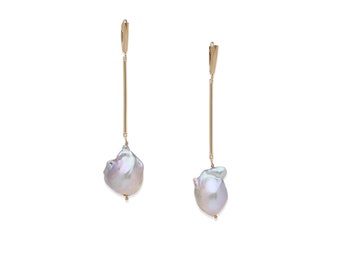 Gray Baroque Pearl and Gold Bar Earrings