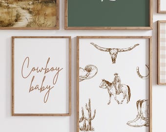 Barnrumsdekoration för pojkar, cowboybarnrum, westerntema, babyshowerdekor, lantlig väggkonst för barnrum, vägggalleri för pojkebarnrum, konsttryck