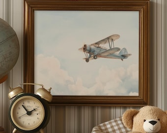 Arte de pared de avión para guardería, decoración de pared de aviación para dormitorio de niño, láminas vintage para guardería, láminas para guardería azul marino, avión imprimible de viaje para niño.