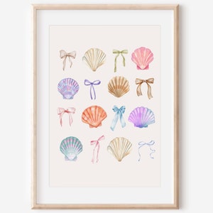 May include: A watercolour illustration of seashells with colourful bows. The seashells are arranged in a grid pattern on a light pink background.