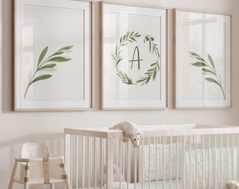 Green Nursery Decor Custom Name Wall Art Olive Leaf Monogram Nursery Digital Print With Name Baby Girl Decor For Nursery Boy Green Leaves