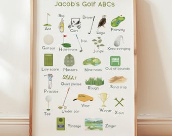 Letrero con nombre de golf, decoración para habitación infantil, decoración para habitación de niño, letrero con nombre de bebé con alfabeto, decoración para sala de juegos, arte mural con alfabeto de golf para habitación de bebé niño.