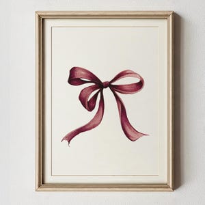 Vintage band akvarell konsttryck vinröd kokett dekor för flickrum elegant rosett utskrivbar för sminkdekor modern feminin utskrivbar konst