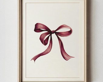 vintage ribbon watercolor art print burgundy coquette decor for girl room chic bow printable for vanity decor modern feminine printable art