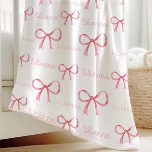 nursery decor bow baby blanket custom name baby blanket pink bow blanket gift for newborn baby shower gift pink bow nursery decor coquette
