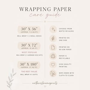 May include: A care guide for wrapping paper, featuring dimensions of 30" x 36", 30" x 72", and 30" x 180". The guide includes details on paper features like matte or gloss finish, one-sided printing, 90 GSM paper, and recyclability.