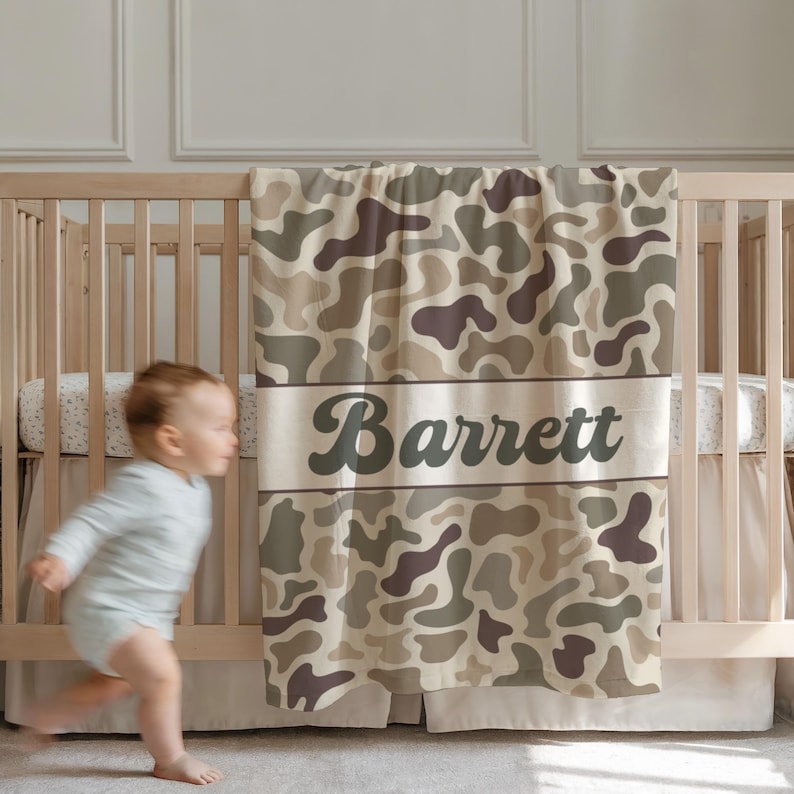 hunting blanket custom name blanket camo blanket personalized hunting gift for newborn fisherman gift rustic outdoor blanket for toddler boy Olive Green