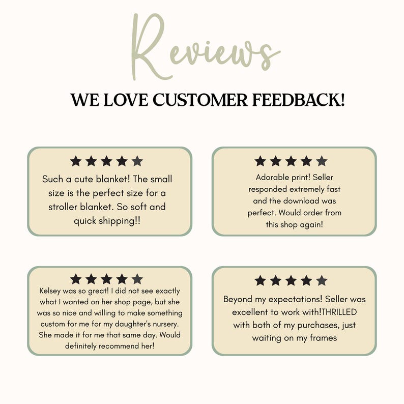 K&ouml;nnte beinhalten: Grafik mit dem Wort "Reviews" in Schreibschrift und dem Satz "WE LOVE CUSTOMER FEEDBACK!" in fetter Schrift. Das Bild zeigt Kundenbewertungen mit Sternebewertungen und positivem Feedback.
