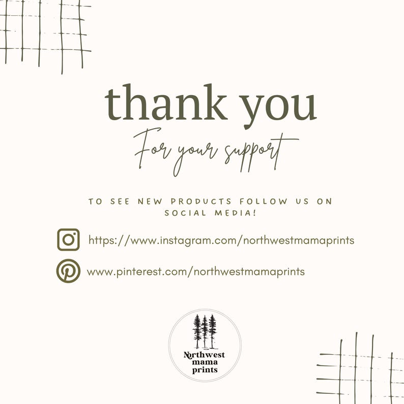 K&ouml;nnte beinhalten: Cremefarbene Grafik mit den Worten "thank you" und "For your support" in einer handschriftlichen Schriftart. Der Text "TO SEE NEW PRODUCTS FOLLOW US ON SOCIAL MEDIA!" ist ebenfalls vorhanden, zusammen mit Social-Media-Links und einem Logo.