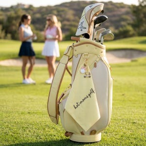 K&ouml;nnte beinhalten: Eine hellgelbe und cremefarbene Golftasche mit Golfschl&auml;gern. Ein gelbes Handtuch mit dem Text "hot moms golf" h&auml;ngt an der Tasche. Ein Golfwagen-Anh&auml;nger und Golfschl&auml;gerhauben sind ebenfalls sichtbar. Zwei Frauen sind im Hintergrund.