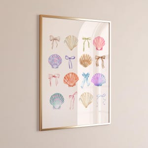 May include: A framed print featuring a watercolour illustration of seashells and bows. The seashells are in various colours and patterns, and the bows are in pastel colours. The print is on a white background.
