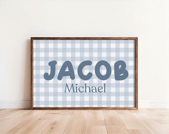 Gingham Name Sign Boy Custom Nursery Decor Baby Boy Sign For Nursery Boy Wall Art For Boy Bedroom Gingham Wall Art Digital Print Boy Room
