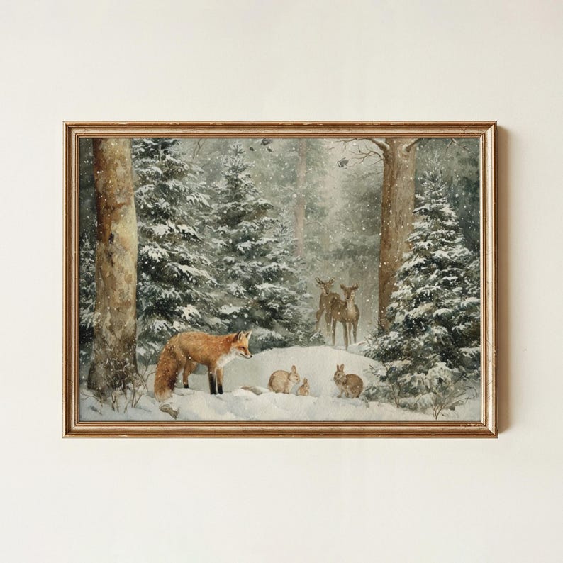 Forest Wall Decor Woodland Animal Print Winter Forrest Wall Art Snowy ...