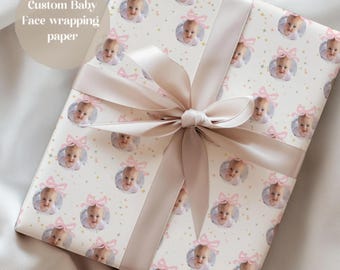 Custom Face Wrapping Paper Bow Gift Wrap With Face Personalized Baby Shower Wrapping Paper With Baby Face Custom Wrapping Paper Baby Gift