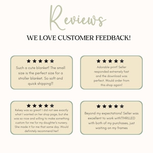 May include: A cream-colored graphic with the word "Reviews" in a cursive font. Below, the text reads "WE LOVE CUSTOMER FEEDBACK!" Four customer reviews are displayed, each with a five-star rating and positive feedback.