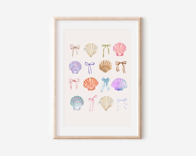 May include: A watercolour illustration of seashells with colourful bows. The seashells are arranged in a grid pattern on a light pink background.
