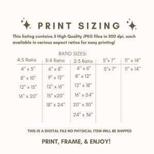 Puede incluir: Un gr&aacute;fico que muestra diferentes tama&ntilde;os de impresi&oacute;n para archivos digitales en 5 relaciones de aspecto: 4:5, 3:4, 2:3, 5"x7" y 11"x14". El gr&aacute;fico incluye varios tama&ntilde;os de impresi&oacute;n en pulgadas, como 4"x5", 6"x8", 8"x12", 12"x16", 16"x20", 18"x24", 20"x30" y 24"x36". El texto "Este es un archivo digital, no se enviar&aacute; ning&uacute;n art&iacute;culo f&iacute;sico" y "&iexcl;Imprime, enmarca y disfruta!" tambi&eacute;n se incluye.