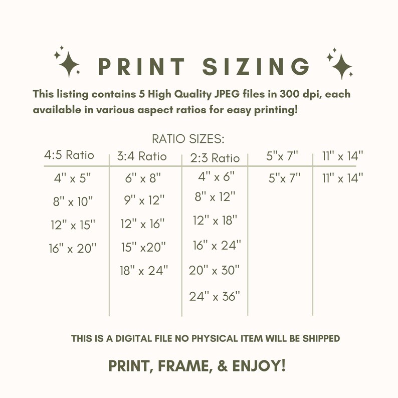 Puede incluir: Un gr&aacute;fico que muestra diferentes tama&ntilde;os de impresi&oacute;n para archivos digitales en 5 relaciones de aspecto: 4:5, 3:4, 2:3, 5"x7" y 11"x14". El gr&aacute;fico incluye varios tama&ntilde;os de impresi&oacute;n en pulgadas, como 4"x5", 6"x8", 8"x12", 12"x16", 16"x20", 18"x24", 20"x30" y 24"x36". El texto "Este es un archivo digital, no se enviar&aacute; ning&uacute;n art&iacute;culo f&iacute;sico" y "&iexcl;Imprime, enmarca y disfruta!" tambi&eacute;n se incluye.