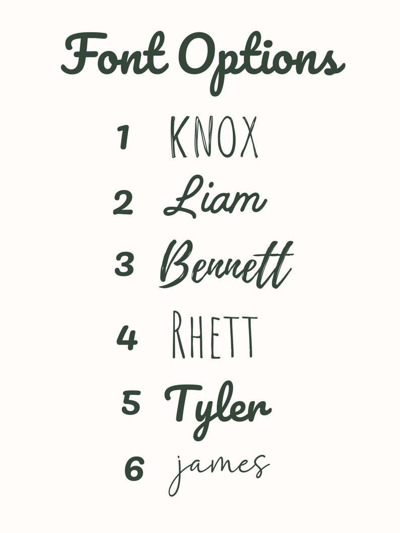 May include: A cream-coloured graphic with the text "Font Options" in dark green script. Below, six font styles are displayed, each with a number and a name: Knox, Liam, Bennett, Rhett, Tyler, and James.