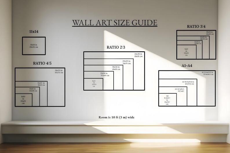 Puede incluir: Gu&iacute;a de tama&ntilde;os de arte mural con varias proporciones y tama&ntilde;os de marco, incluyendo 11x14 pulgadas, 20x30 pulgadas y A1-A4. La habitaci&oacute;n mide 3 m de ancho. La gu&iacute;a proporciona dimensiones en pulgadas y cm para diferentes relaciones de aspecto.