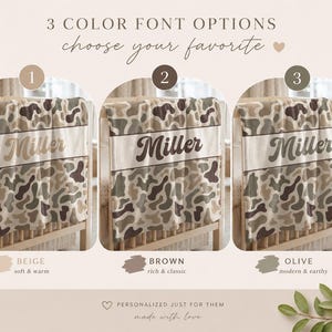May include: A personalized baby blanket featuring a camouflage pattern in shades of beige, brown, and olive. The blanket displays the name Miller in three distinct font color options: beige, brown, and olive, labeled as 1, 2, and 3 respectively.