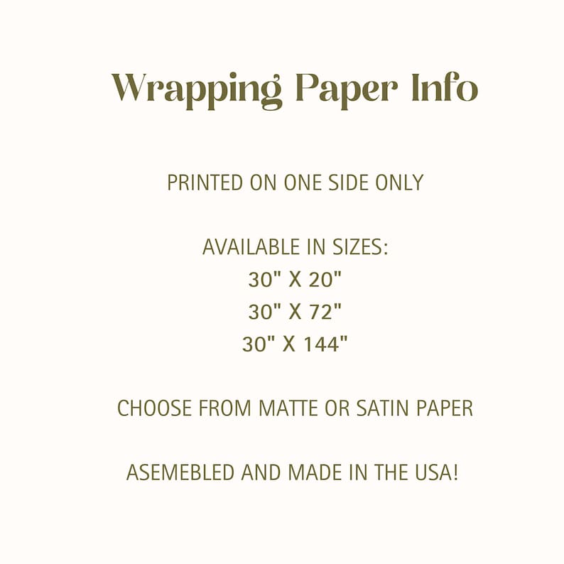 K&ouml;nnte beinhalten: Informationen zu Geschenkpapier. Nur einseitig bedruckt. Erh&auml;ltlich in den Gr&ouml;&szlig;en: 30" x 20", 30" x 72", 30" x 144". W&auml;hlen Sie zwischen mattem oder satiniertem Papier. Montiert und hergestellt in den USA!