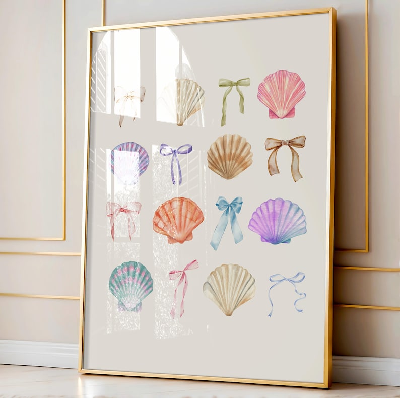 May include: A watercolour print featuring a collection of seashells with colourful bows. The seashells are arranged in a grid pattern on a light beige background.