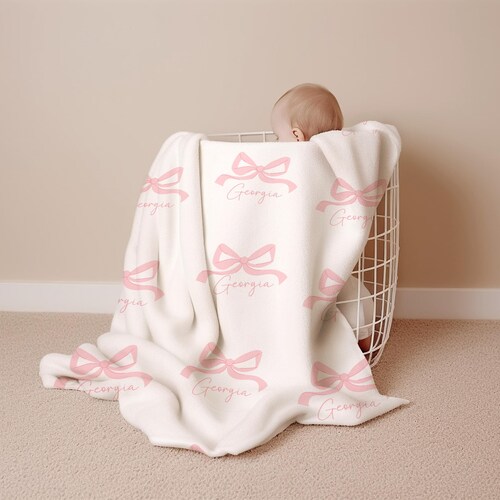 custom name baby blanket with name custom pink bow baby blanket coquette themed baby gift custom bow nursery decor for baby girl room bow