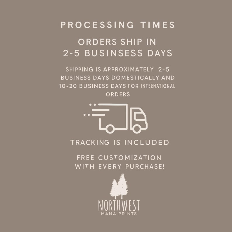 May include: A graphic on a brown background with white text. The text reads "PROCESSING TIMES" and "ORDERS SHIP IN 2-5 BUSINESS DAYS." An illustration of a truck is included. The text also states "TRACKING IS INCLUDED" and "FREE CUSTOMIZATION WITH EVERY PURCHASE!"