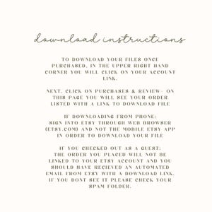 Puede incluir: Instrucciones de descarga para compras de Etsy. Para descargar tus archivos, haz clic en el enlace de tu cuenta en la esquina superior derecha. Luego, haz clic en Compras y rese&ntilde;as para ver tu pedido con un enlace de descarga. Si descargas desde un tel&eacute;fono, inicia sesi&oacute;n en Etsy a trav&eacute;s del navegador web, no la aplicaci&oacute;n m&oacute;vil. Si compraste como invitado, el pedido no estar&aacute; vinculado a tu cuenta de Etsy. Deber&iacute;as haber recibido un correo electr&oacute;nico autom&aacute;tico de Etsy con un enlace de descarga. Si no lo ves, revisa tu carpeta de spam.