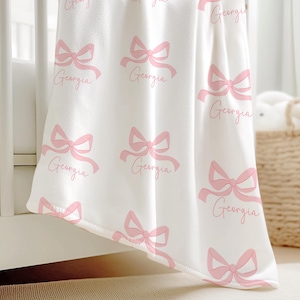 Decoración de guardería para niña, manta personalizada con nombre de bebé y lazo, manta de bebé personalizada, regalo de bebé con temática de coqueta rosa para futura mamá, regalo de baby shower